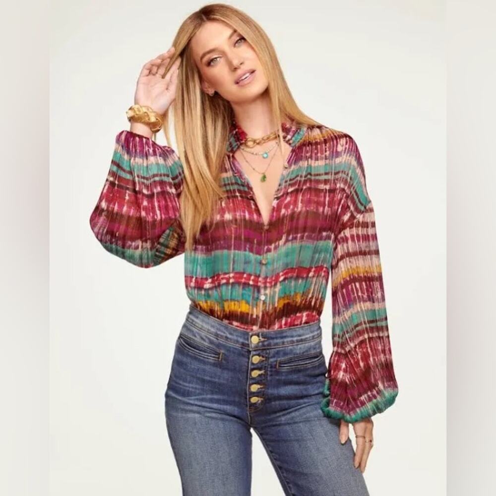 Ramy Brook Multicolor Striped Silk-Blend Blouse - Burgundy, Teal, Mustard